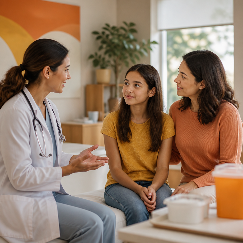 A pediatric healthcare provider speaking with a parent and preteen in a bright exam room during a preventive vaccination visit.