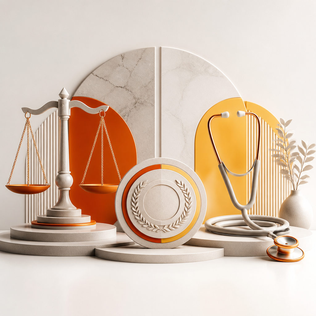 Editorial composition of abstract legal authority and healthcare cues, featuring a balance-scale motif and stethoscope-like form with orange and yellow accents and no readable text.