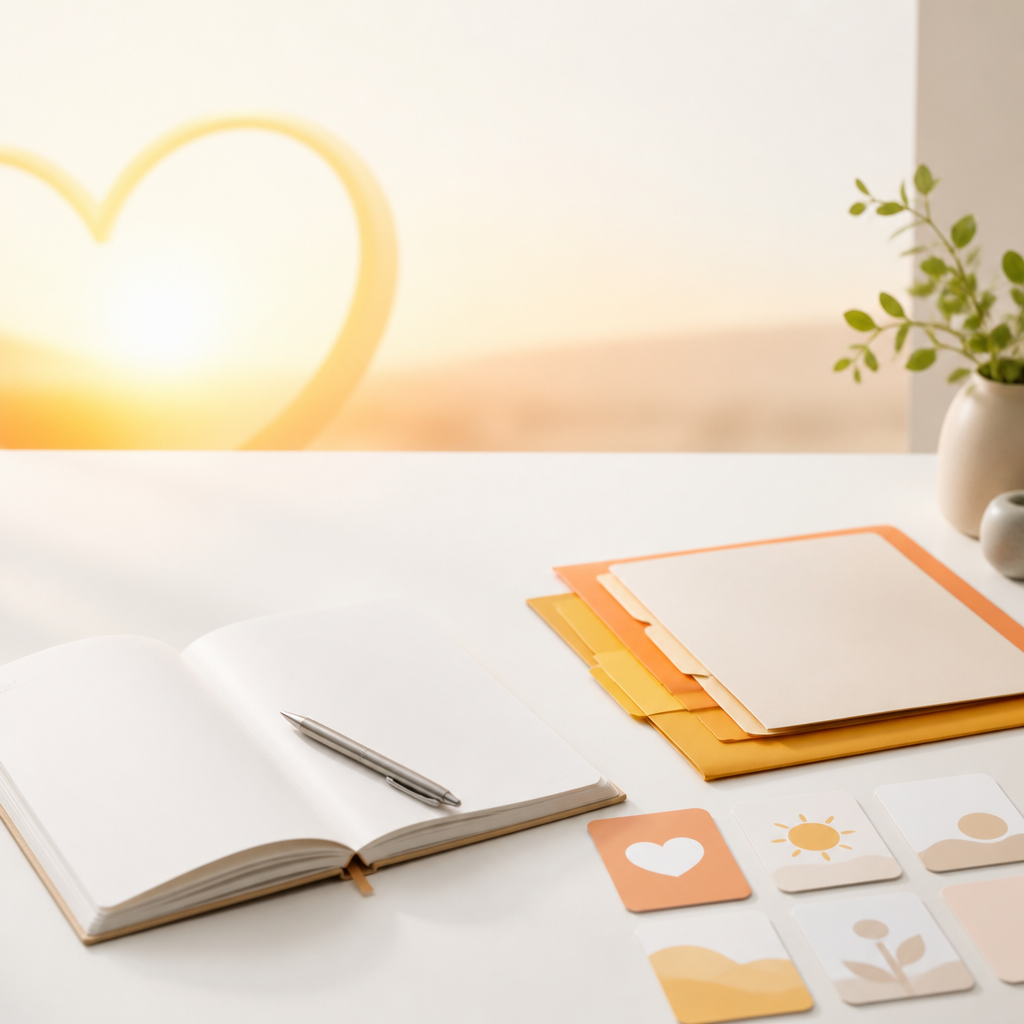 Caregiver workspace with blank planning pages, neatly organized folders, and warm orange-yellow accents conveying step-by-step organization for children’s healthcare and mental wellness planning.