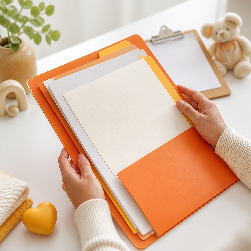 Adult hands reviewing neatly organized blank healthcare paperwork with warm orange and soft yellow accents, suggesting advance care planning for a child’s medical preferences.