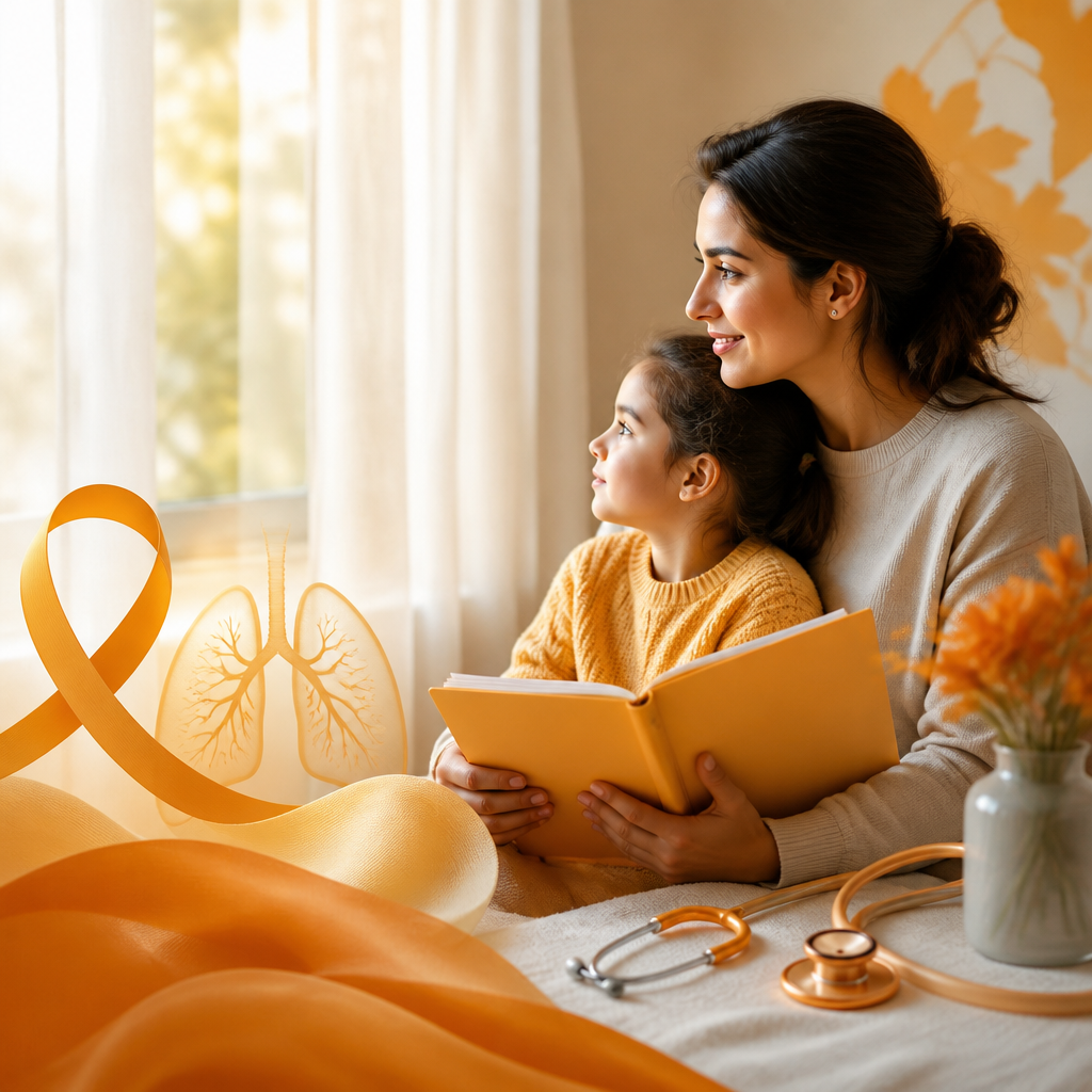 A caregiver holding a child’s health record folder in a bright setting, with subtle healthcare-themed objects suggesting prevention and protection using warm orange and pale yellow tones.