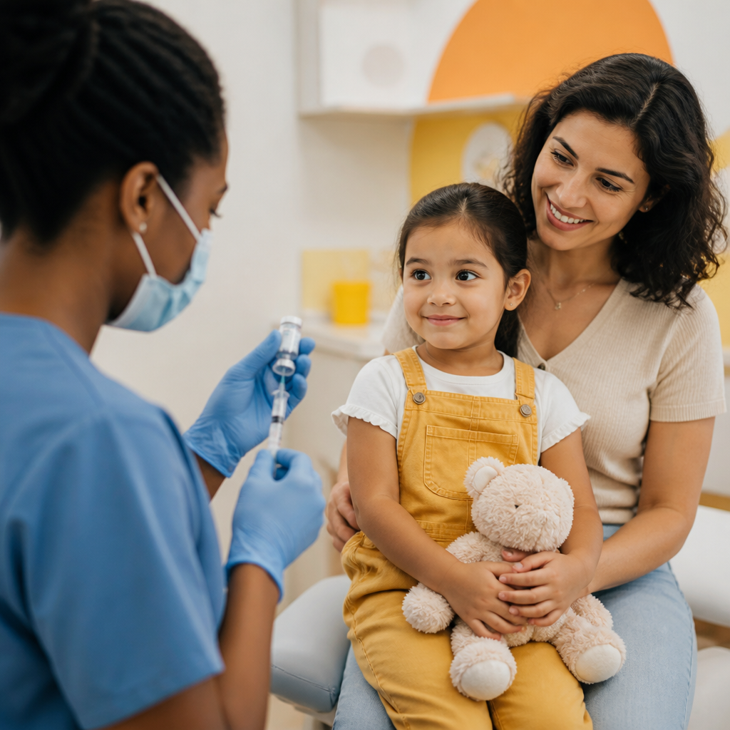 A healthcare professional preparing a flu vaccination in a bright pediatric exam room while a caregiver and child wait comfortably, with warm orange and soft yellow accents.