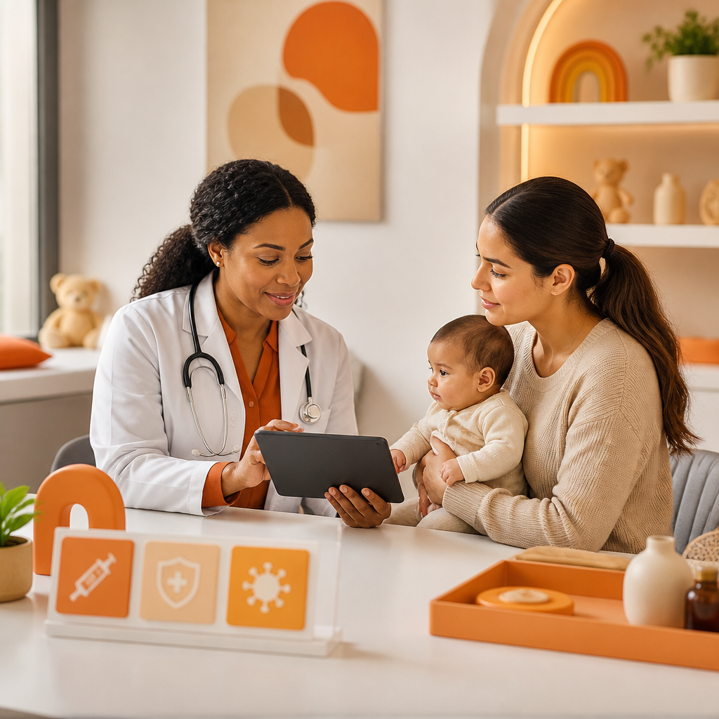 A clinician speaking with a caregiver during a pediatric consultation in a modern clinic setting, with abstract warm orange visual cues suggesting coordinated preventive care.