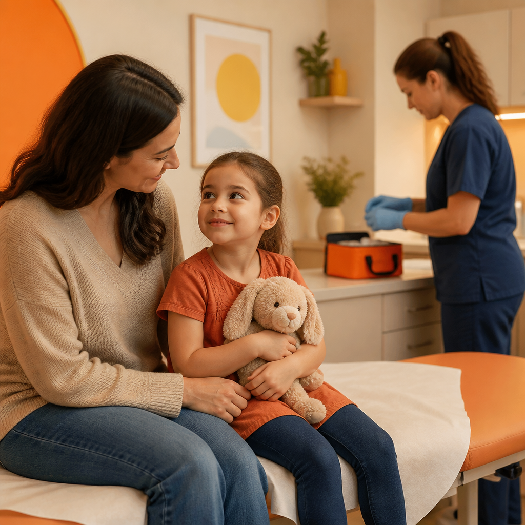 A warm, reassuring pediatric clinic scene with a parent and child seated comfortably while a clinician prepares a vaccine kit, with no readable text or labels.