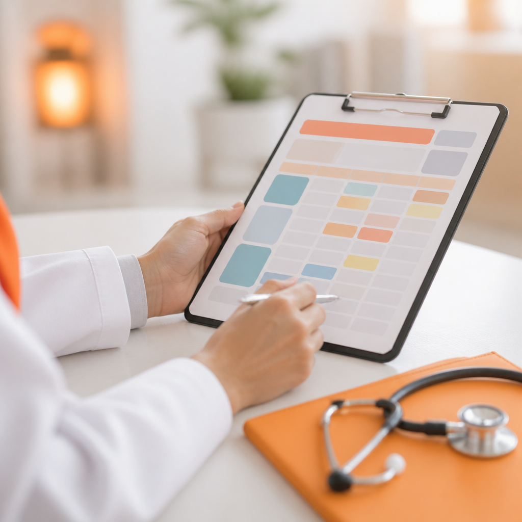 A clinic desk scene with a clinician reviewing a vaccination schedule on a clipboard or tablet using abstract color blocks with no readable text or numbers.