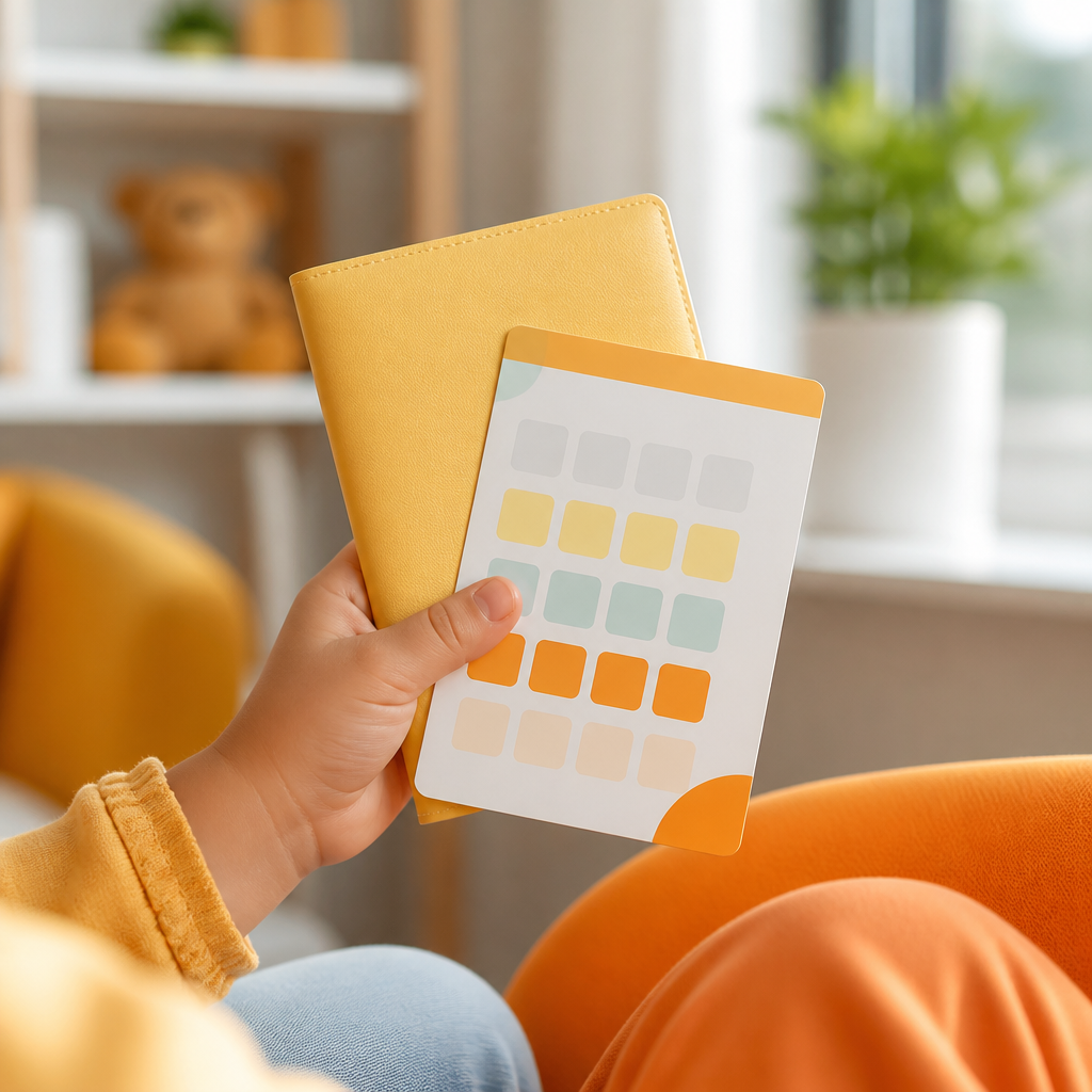 A bright family-friendly scene with a child’s hand holding an immunization booklet and a calendar card with abstract color blocks, featuring no readable text or logos.
