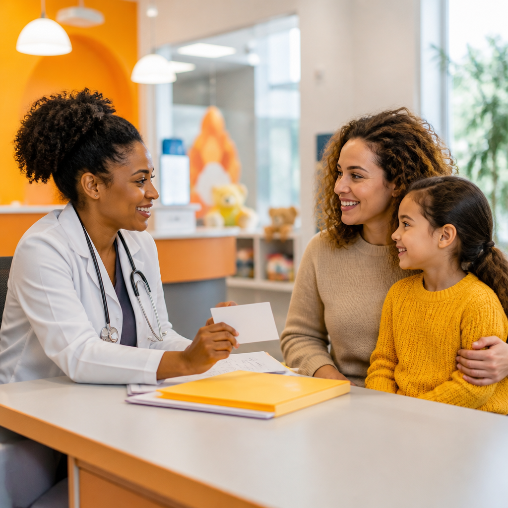 A pediatric clinic reception scene with a provider speaking with a parent while holding a blank medical record folder, shown with warm orange and yellow accents.