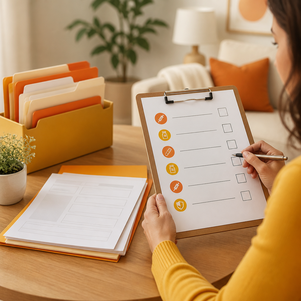 A parent reviewing a vaccine schedule checklist next to blank health coverage paperwork in a bright, home-office setting with orange and gold accents.