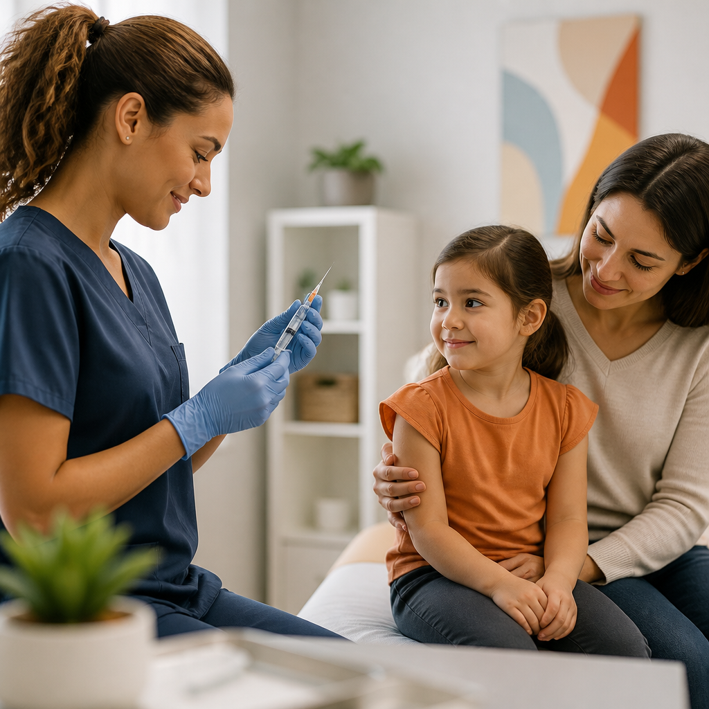 A nurse in a bright exam room preparing for a child’s immunization while the caregiver stays nearby, with warm orange accents and no visible text.