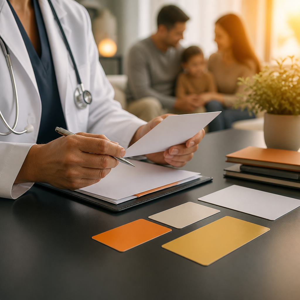 A clinician reviewing blank insurance-related documents on a desk with warm orange and golden accents, representing planning for coverage and care.