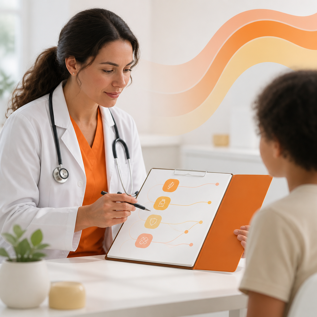 A clinician reviewing an immunization record with an abstract catch-up timeline motif in orange and soft gold tones on a clean desk background.