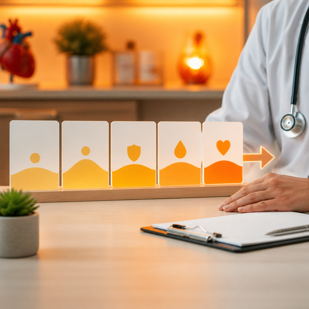 A clinician’s hand near a clinic desk with unlabeled progression-style cards and abstract health icons to represent an age-based vaccine schedule.