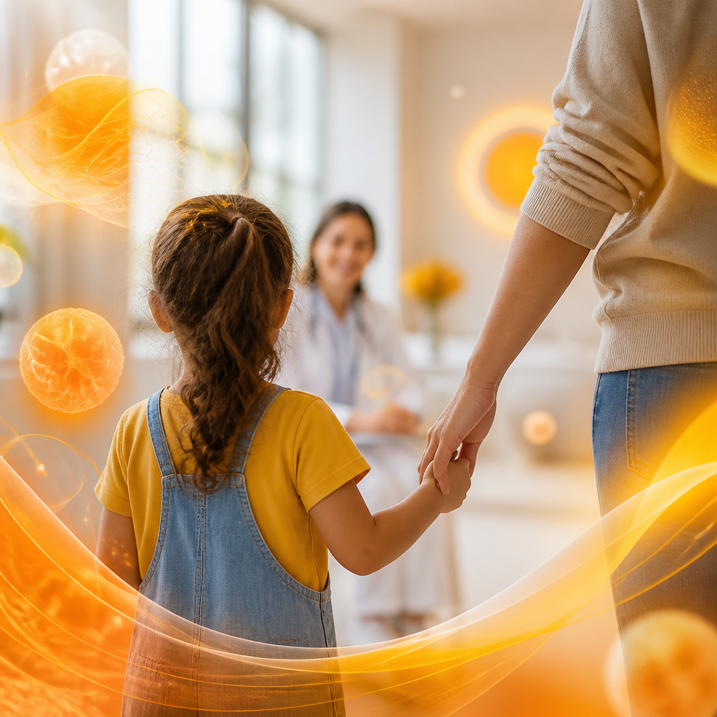 A parent holding a child’s hand in a bright pediatric clinic with warm orange and golden light accents representing protection and peace of mind.