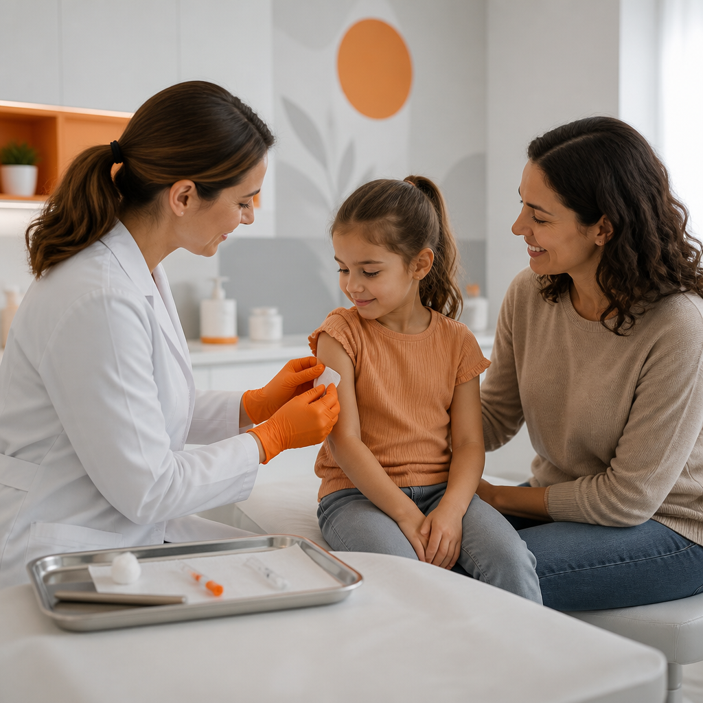 A pediatric clinic exam room scene with a clinician preparing for an immunization while a parent supports a child, shown in warm neutral tones with orange accents.