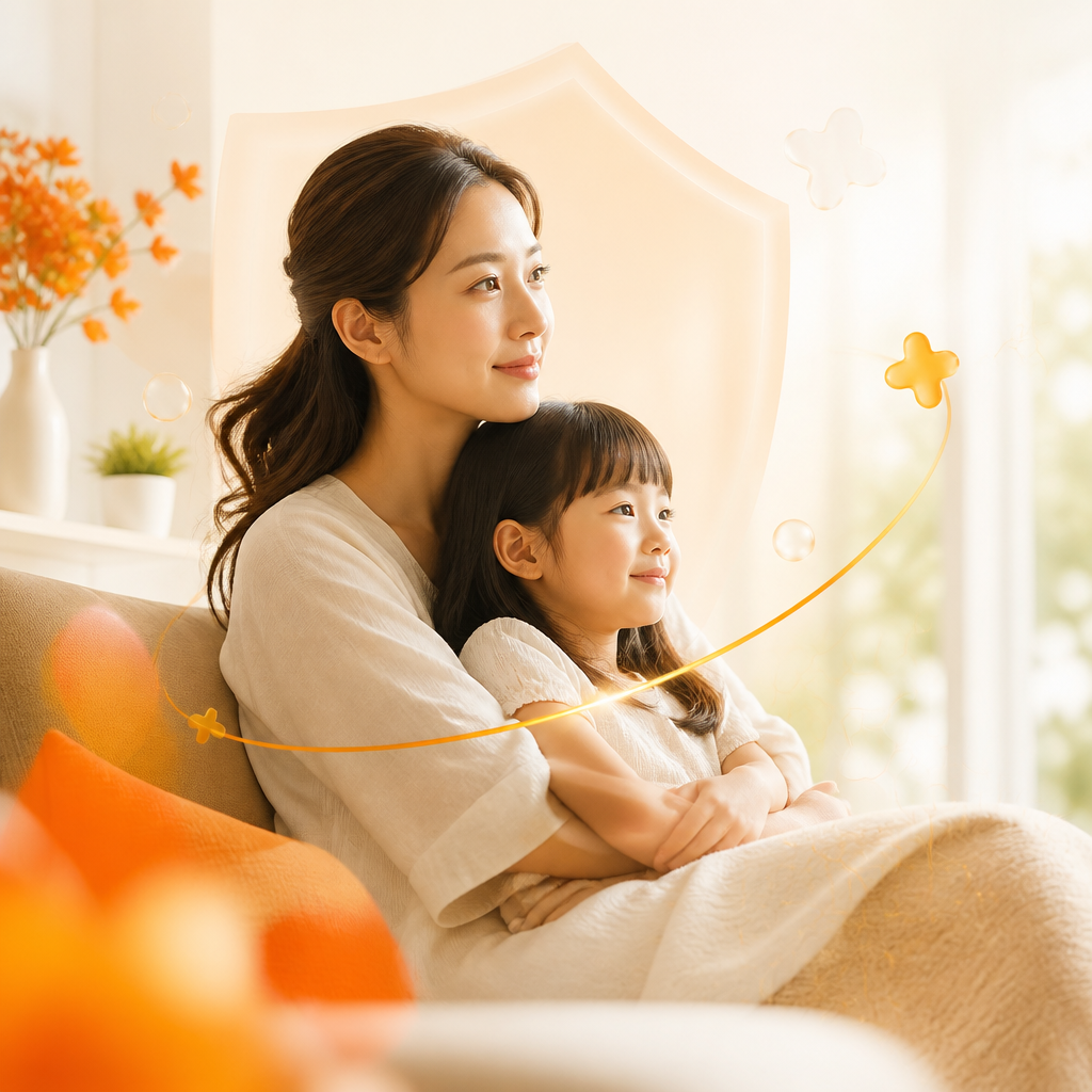 A calm parent holding a child’s hand with a subtle translucent protective shield motif in warm orange and soft gold tones.