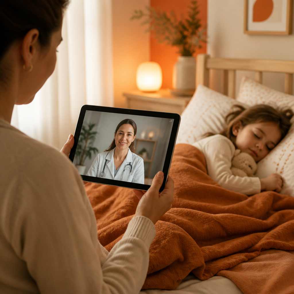 A parent using a tablet during a calm virtual visit while a child rests peacefully at home during bedtime hours.