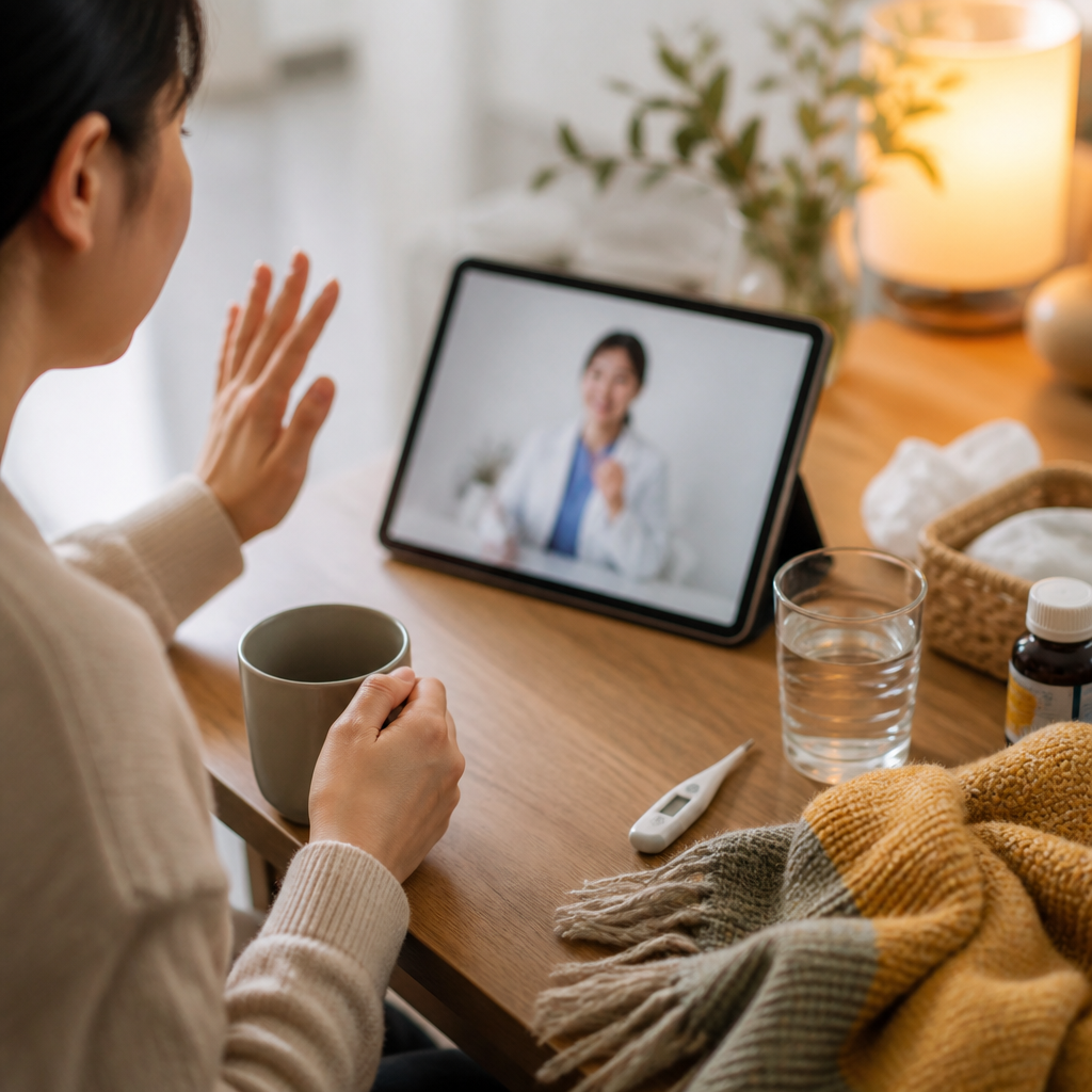 A close-up tabletop scene representing remote flu care with a thermometer, water cup, and comforting blanket setup.
