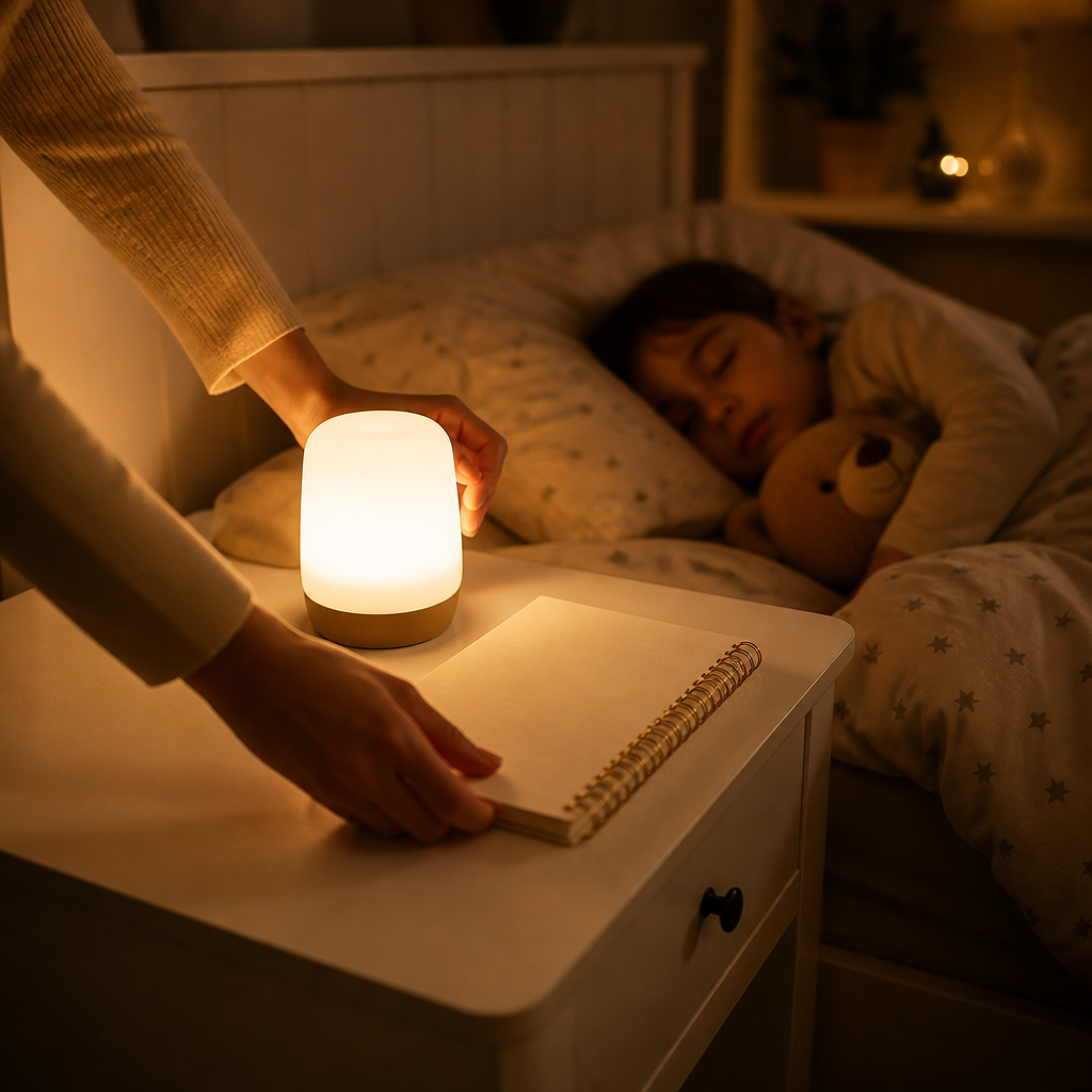 A calming bedroom bedtime scene with warm lighting where a parent prepares for a virtual pediatric sleep discussion.