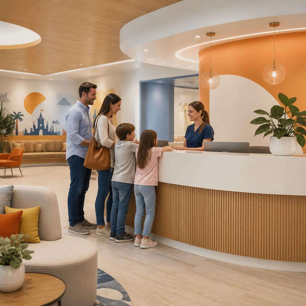 A modern pediatric clinic reception area with warm orange and pale gold accents, conveying welcoming family care without any readable text.