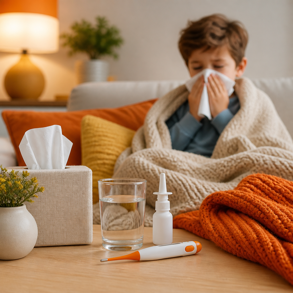 A softly lit at-home care table with a child-safe thermometer, tissues, saline nasal spray, and a cozy blanket in warm orange and pale gold tones.