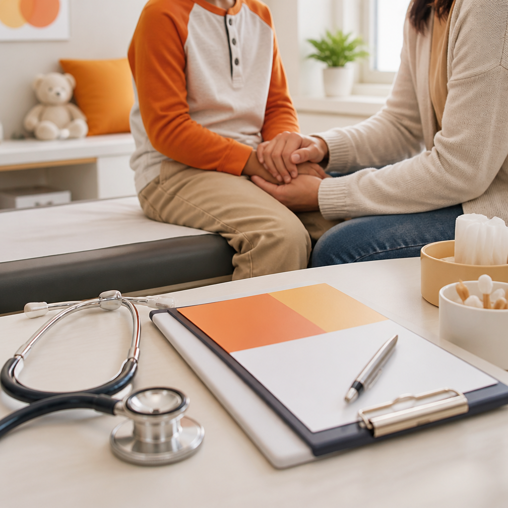A warm pediatric exam-room desk with a stethoscope and organized care materials, conveying caregiver guidance for cold versus flu testing.