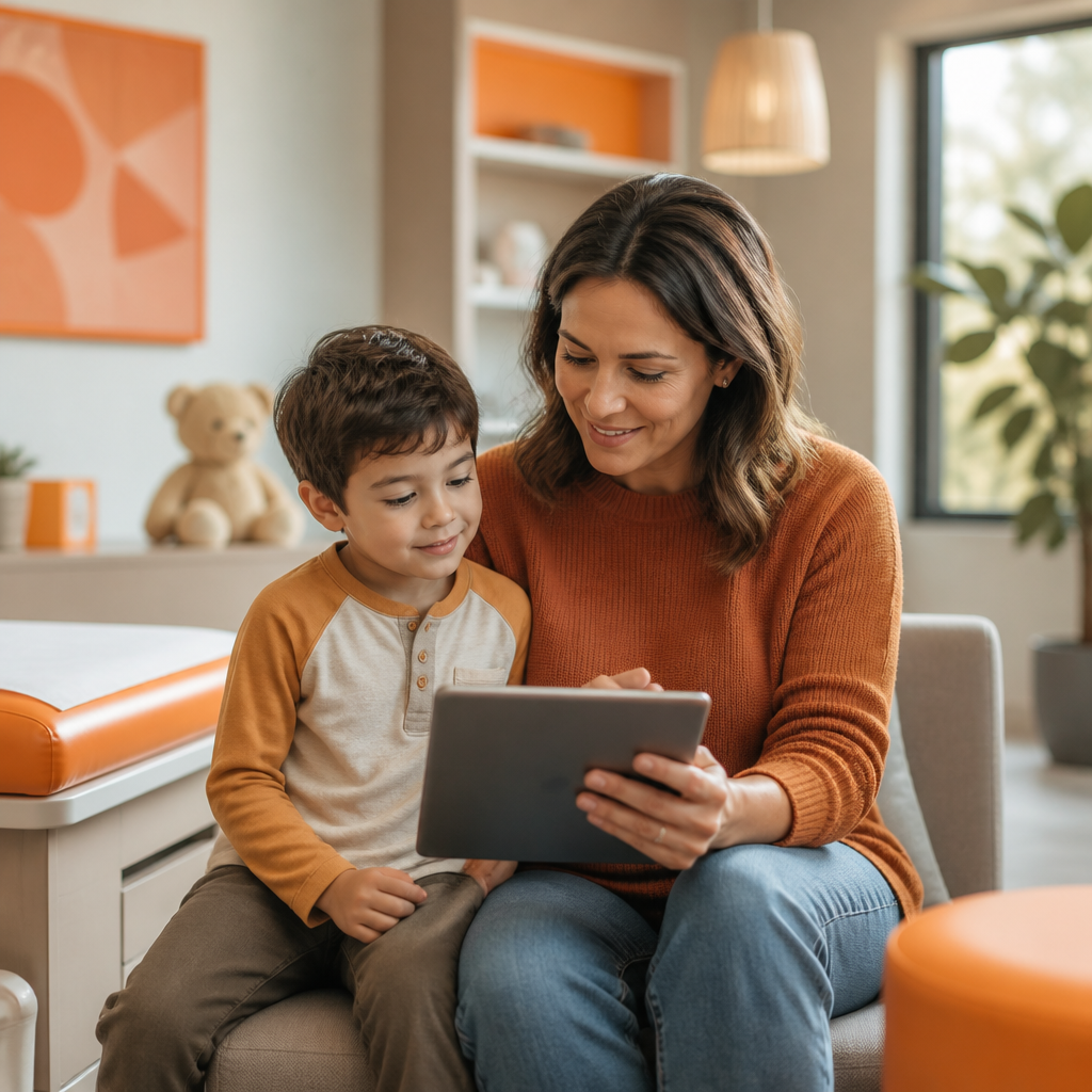 A parent reviewing pediatric account details on a tablet in a bright clinic office with warm orange accents and no readable text.
