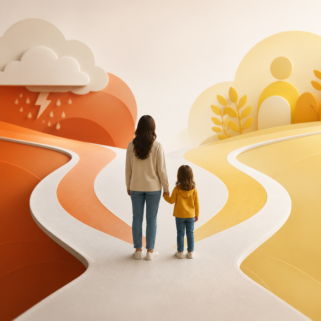 An abstract, brand-accented visual of two care pathways for pediatric decisions with no readable labels or text.