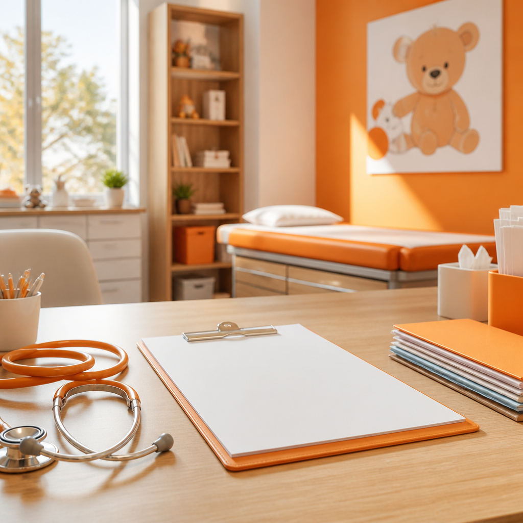 A pediatric exam-room desk with a clipboard and stethoscope arranged for appointment preparation, featuring no readable text.