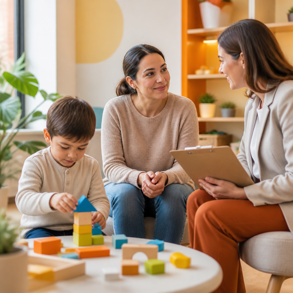 A parent and clinician sit with a child who is playing with building blocks while a clipboard without readable text is reviewed during a developmental concern discussion.