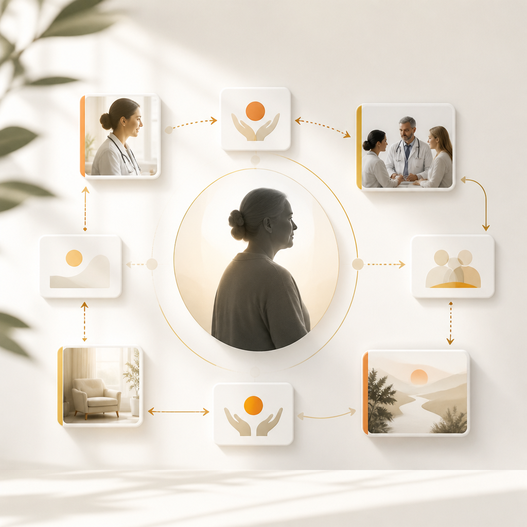 A healthcare professional is visually surrounded by connected, textless referral pathway cards representing coordinated support options without any readable labels.