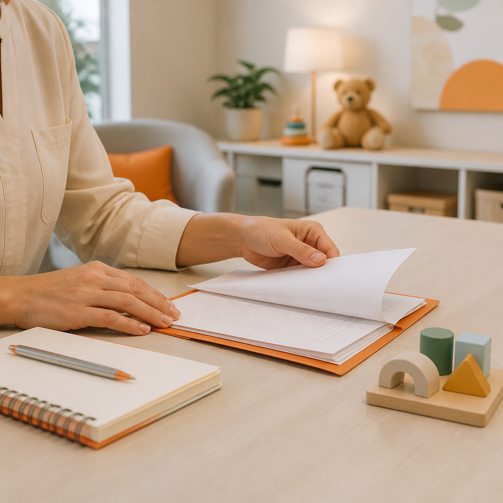 Hands organize appointment materials with a notebook and documents on a table in a calm pediatric clinic, with no readable text visible.