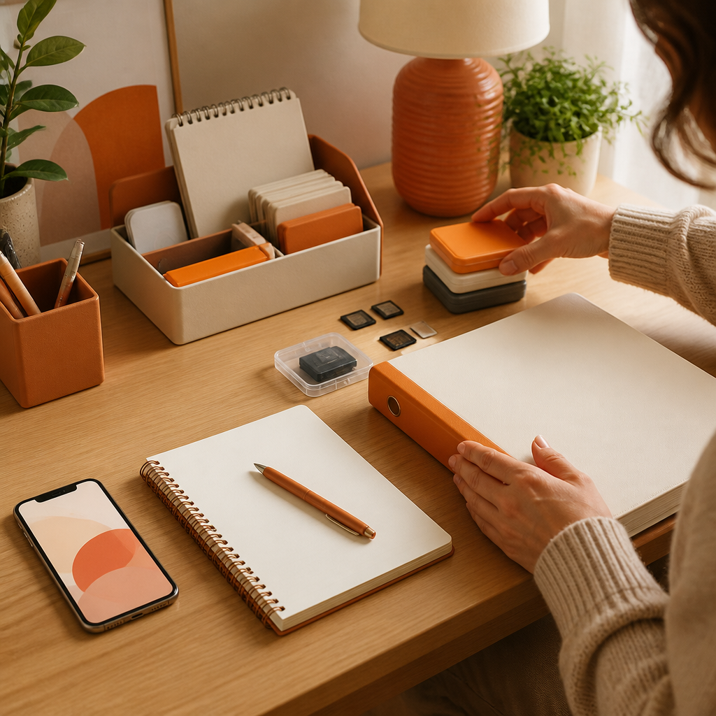 A parent organizing blank notes and an unlabeled notebook beside a smartphone with a blank screen on a clean desk, prepared for a developmental evaluation visit.
