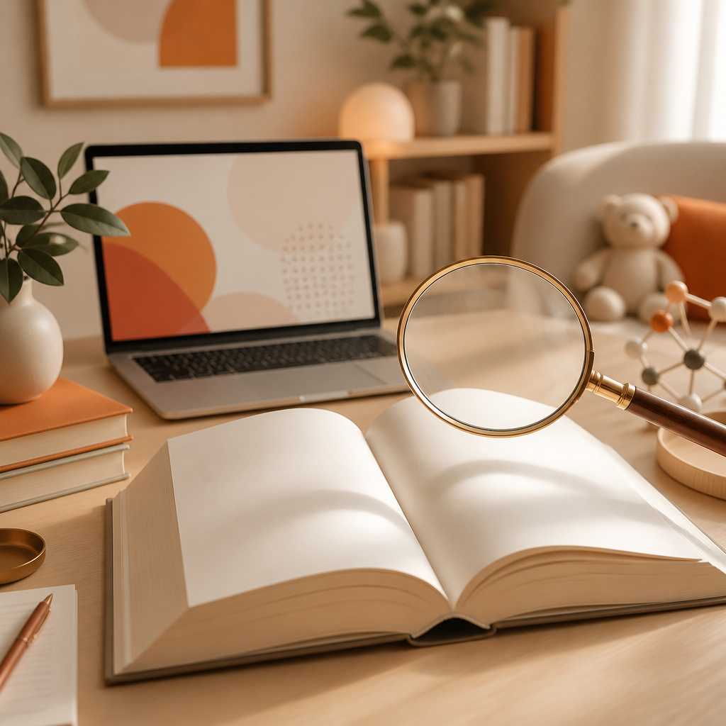 An open book with blank pages and a magnifying glass above an abstract laptop display in a study setting, illustrating research evaluation without any readable text.