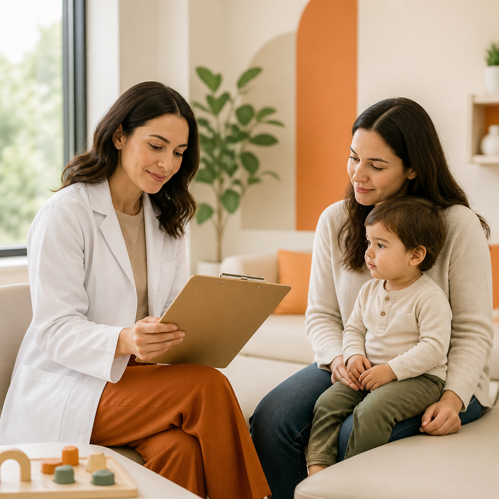 A clinician and parent in a bright pediatric exam room reviewing blank developmental assessment checklists on an uncluttered clipboard, with no readable text.