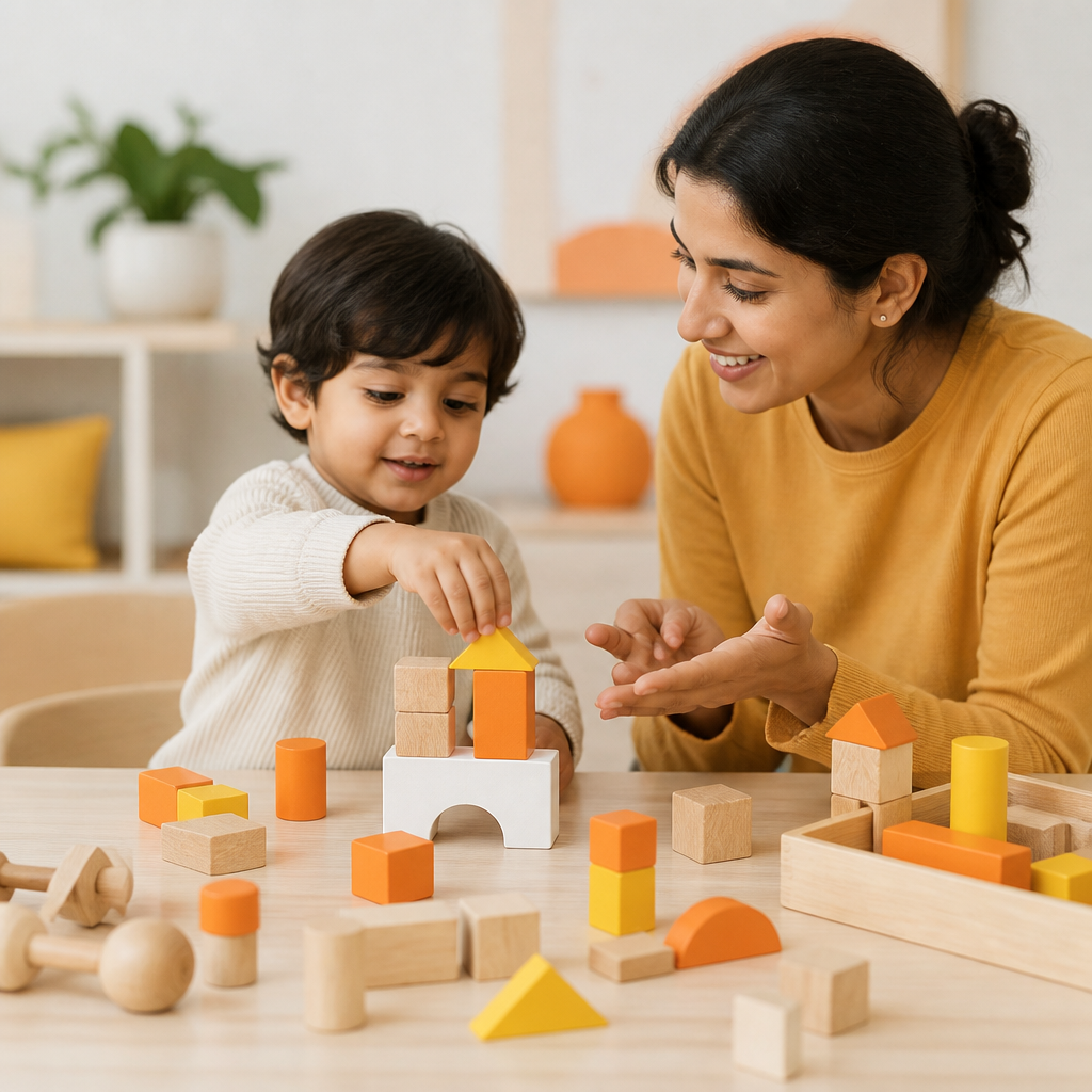 A caregiver’s hands guiding a child during playful block building with colorful toys on a neutral table, with no text or numbers visible.