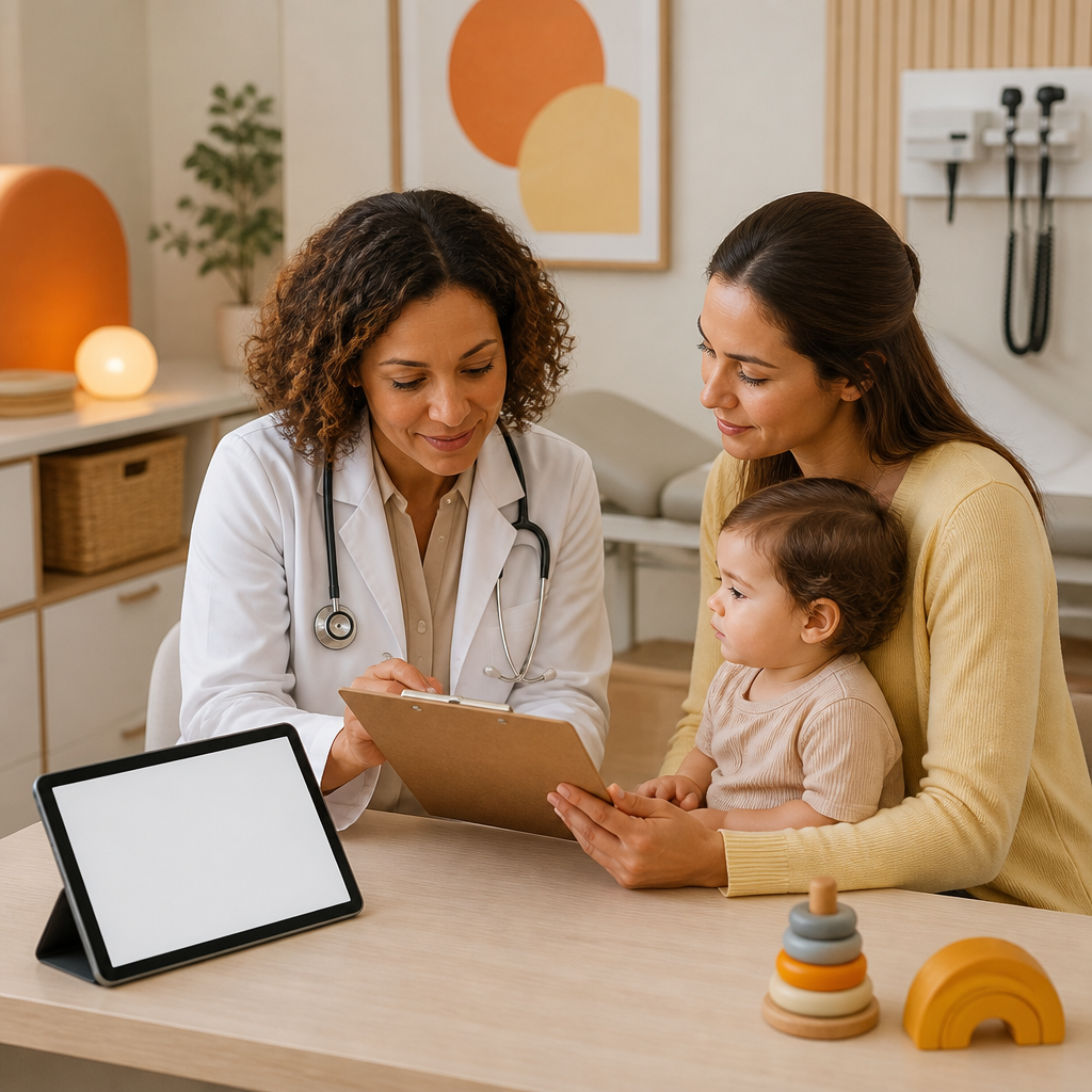 A pediatric clinician reviewing developmental milestone notes with a parent in a bright exam room, with a blank tablet on the desk and warm neutral lighting.