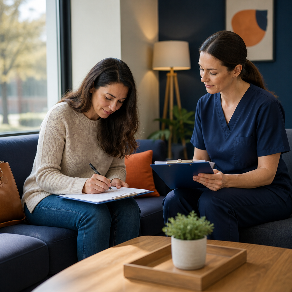 A parent filling out a blank questionnaire on paper while a clinician reviews a blank clipboard in a calm pediatric waiting area.