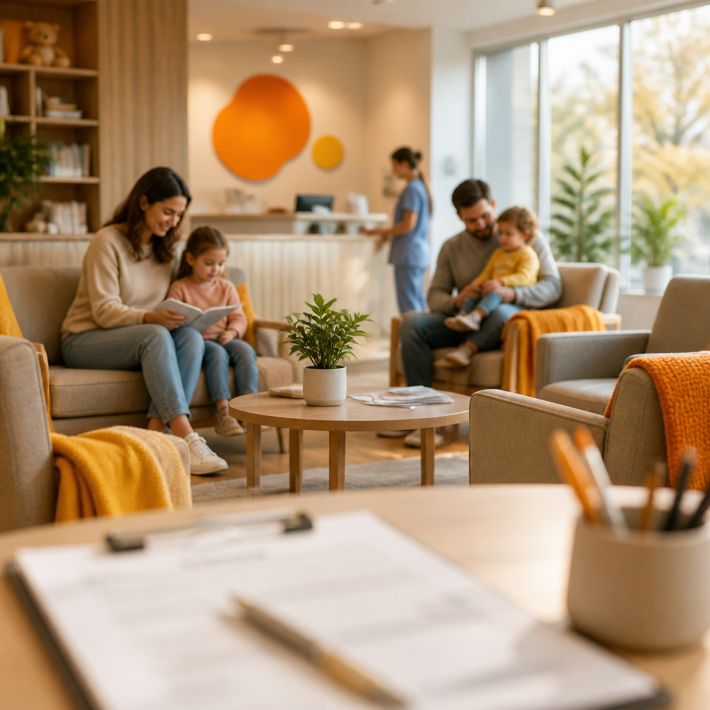 Calm, organized pediatric waiting area with warm orange and gold accents, conveying supportive care without any visible text or logos.