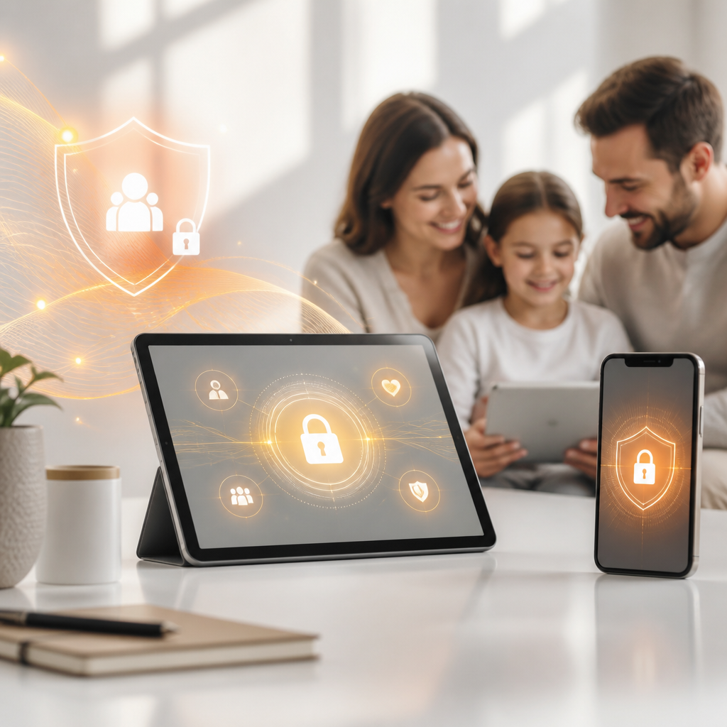 Modern tablet and smartphone on a clean desk with abstract secure-access visuals in orange and gold tones, showing portal and account settings without any text.