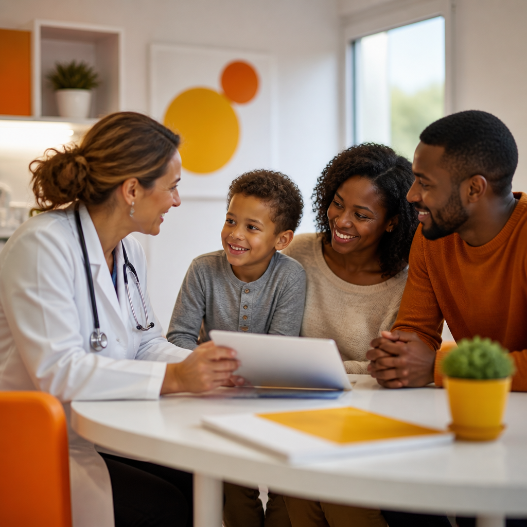 Clinician and family reviewing a child’s care plan together in a bright pediatric exam room with warm orange and gold accents and no visible text.
