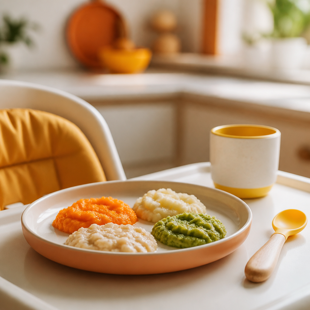 A warmly lit kitchen scene focused on feeding textures, with a spoon and small cup beside a plate of varied textures suitable for a child learning to self-feed.