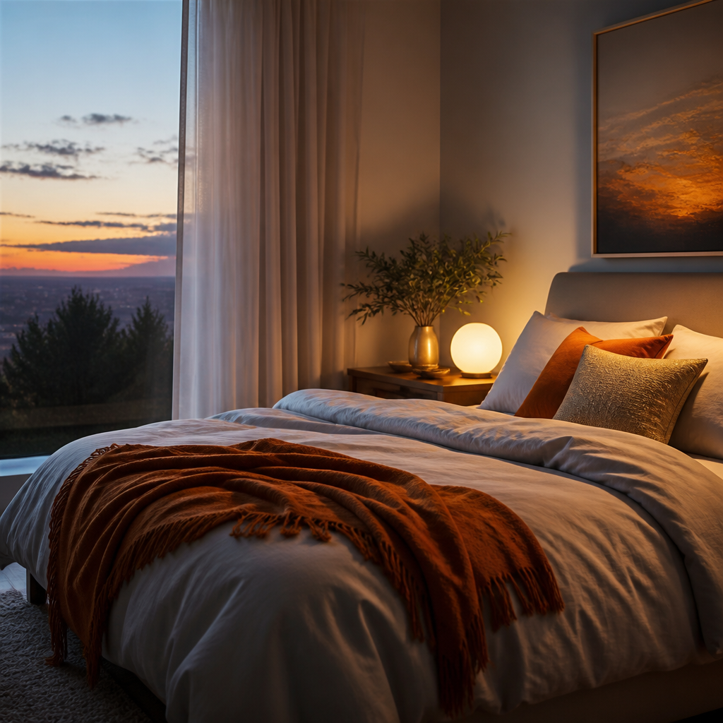 A softly lit bedroom scene with a gentle night light and neatly arranged bedding, conveying calm bedtime routines.