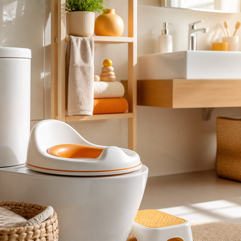 A clean, softly lit bathroom scene featuring a toilet training seat and hygiene items that suggest supportive toileting routines without any visible text.