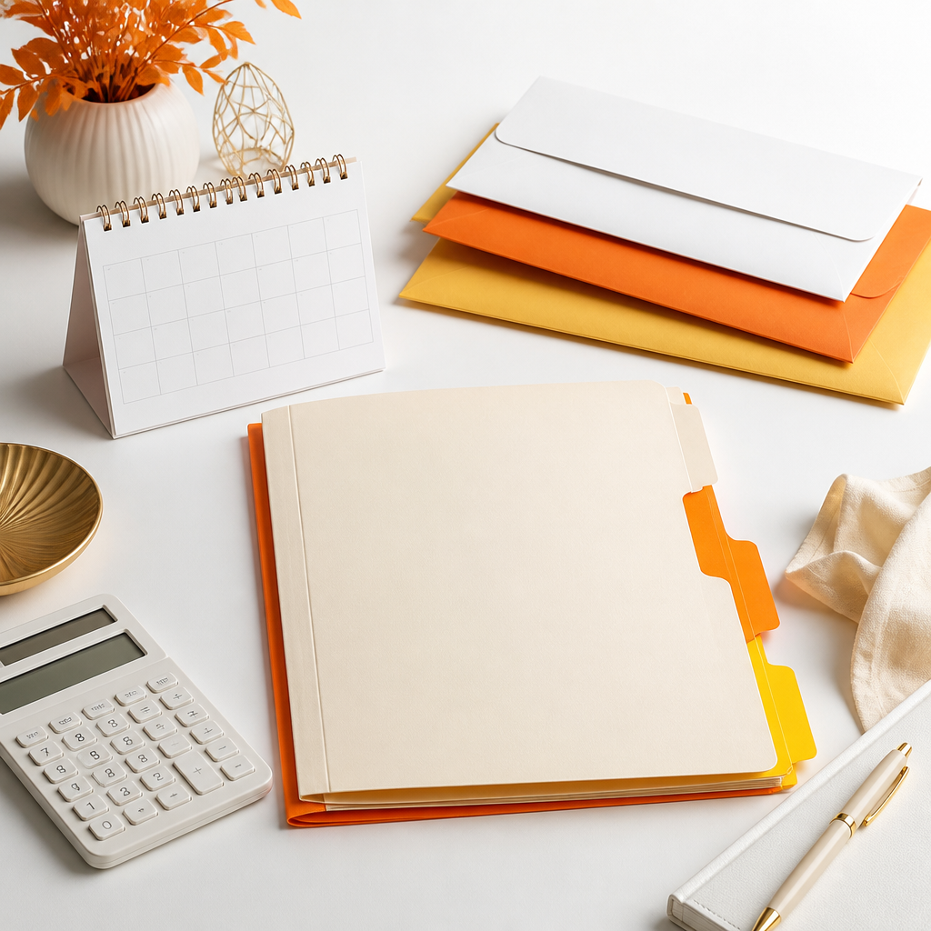 Blank family paperwork and folder tabs arranged on a clean desk with orange and gold accent colors
