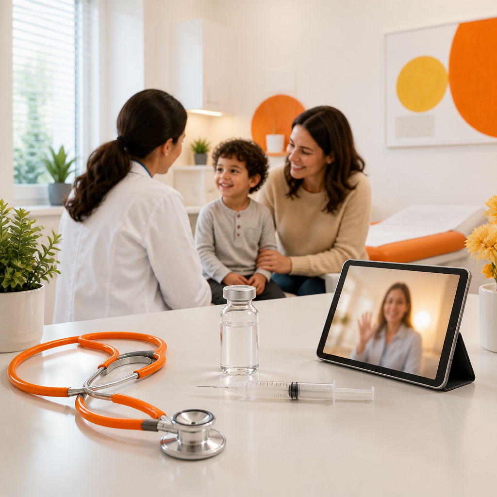 A bright clinic workspace with pediatric care tools and a blank video-call style tablet glow in orange and gold tones