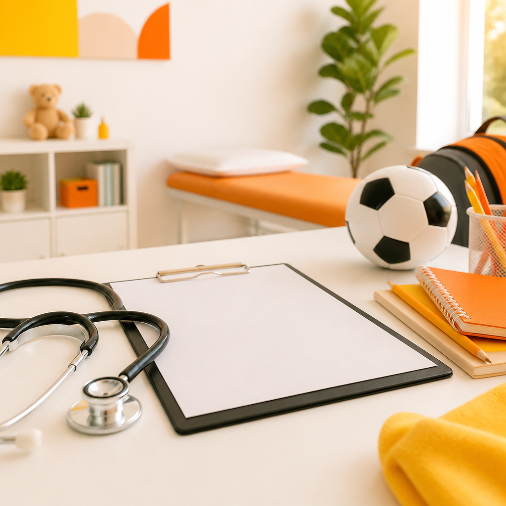 A stethoscope and blank clipboard resting on a pediatric clinic desk with school and sports items in warm orange and gold tones