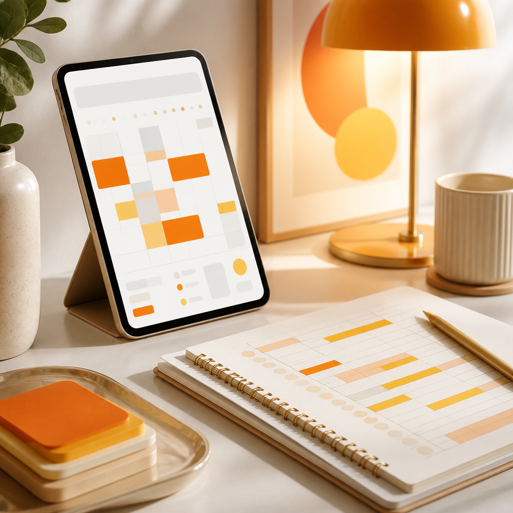 A modern scheduling desk scene with a tablet showing abstract calendar blocks without readable text, accented with orange and gold tones to convey convenient appointment options.