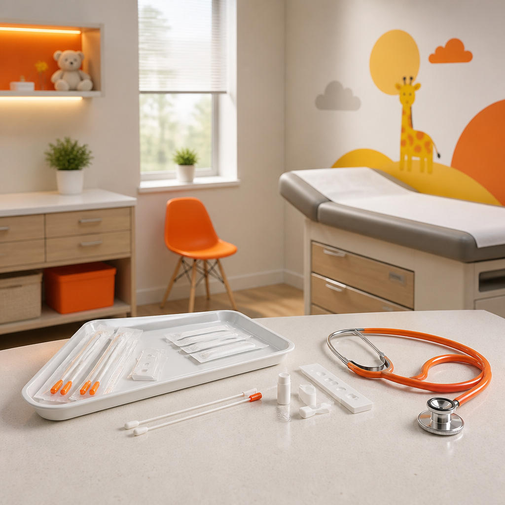 A bright pediatric exam room with unlabeled testing supplies and a stethoscope arranged for focused sick-care guidance, with orange and golden accents and no readable text.