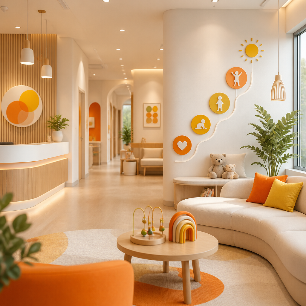 A welcoming pediatric clinic interior with abstract milestone-themed wall art in orange and gold tones, conveying consistent family-centered care without any readable text.
