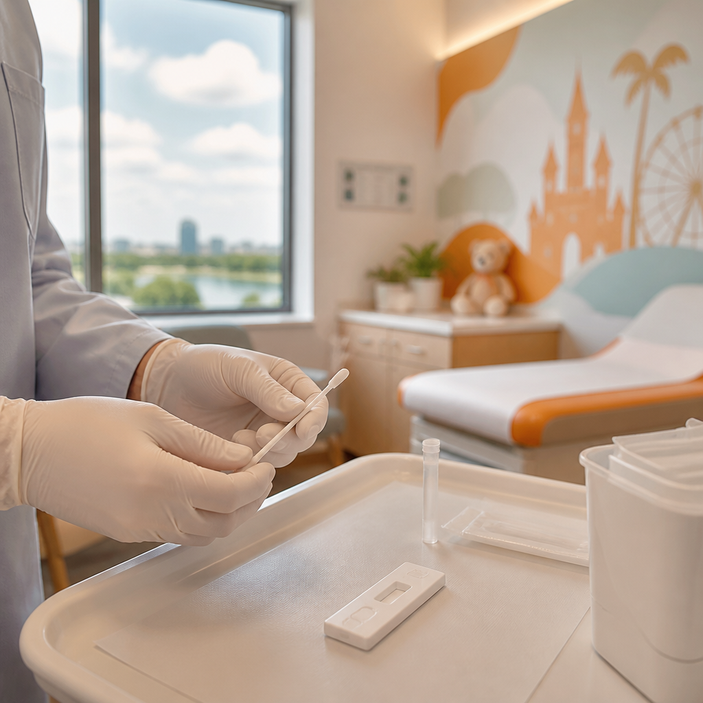 A clinician prepares a cold and flu swab test kit in a clean pediatric exam room with warm orange accents and a neutral, modern background.